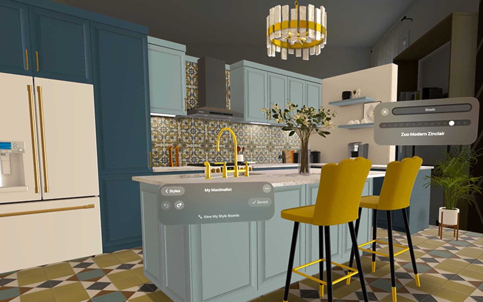 A rendered interior with fittings, worktops and display shelving