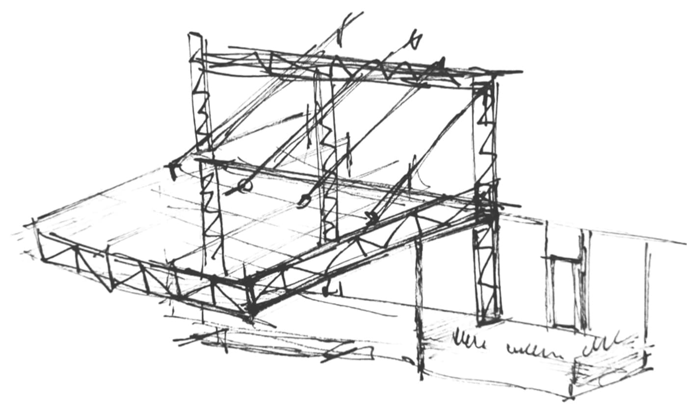 An architectural line sketch of a canopied structure
