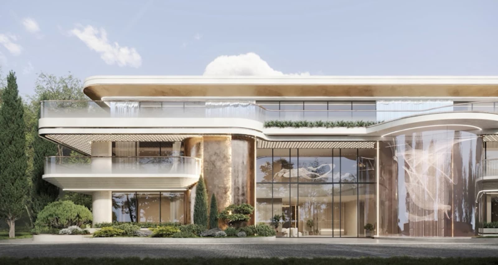A curved white resort building with balconies and glazed frontage