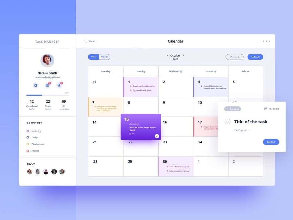 A calendar app interface showing a week view with scheduled tasks and deadlines