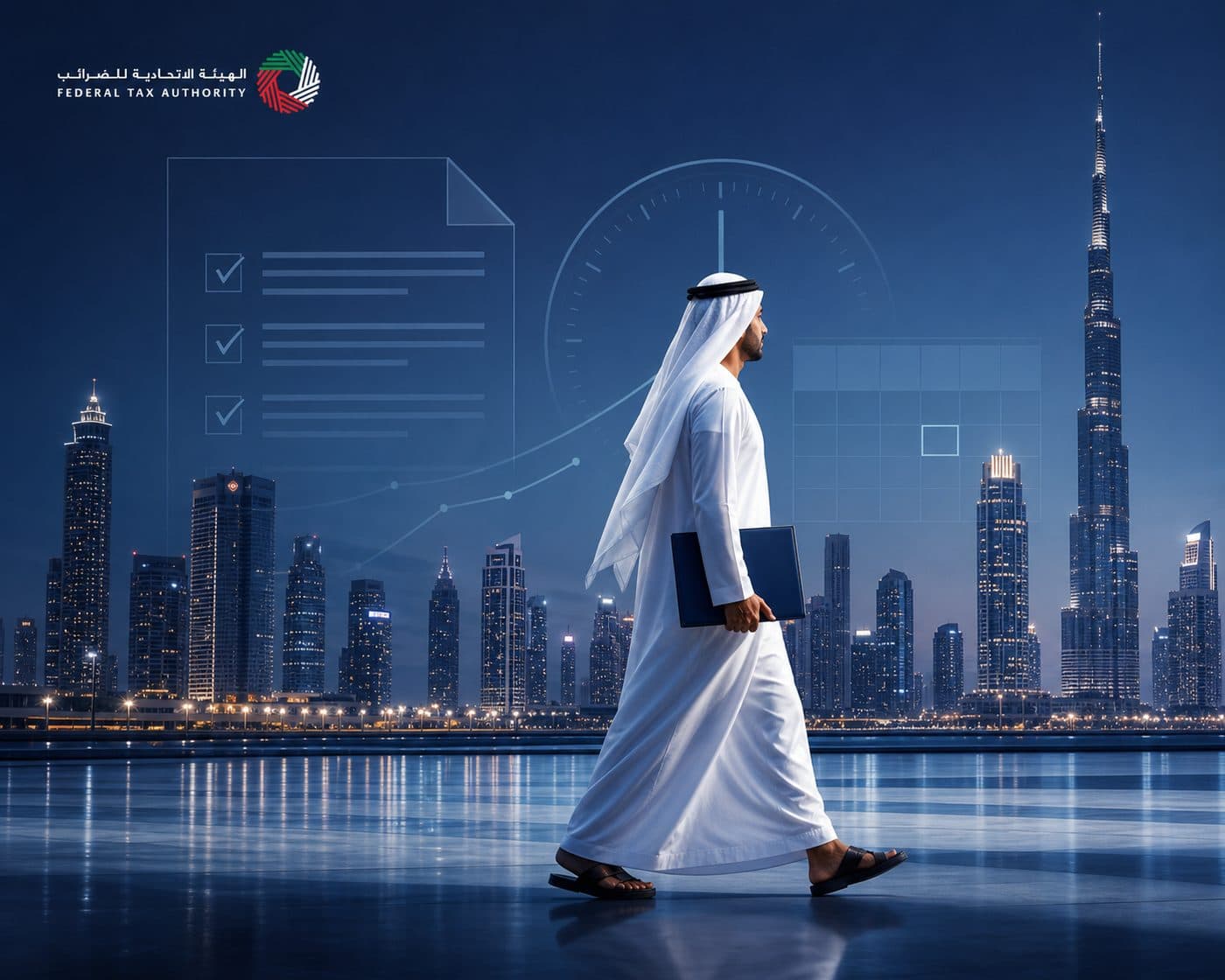 A man in Emirati dress walking along Dubai's waterfront at night, Burj Khalifa and the FTA logo in the background