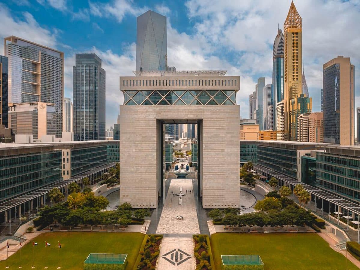 Aerial view of the DIFC Gate building framed by the Dubai skyline