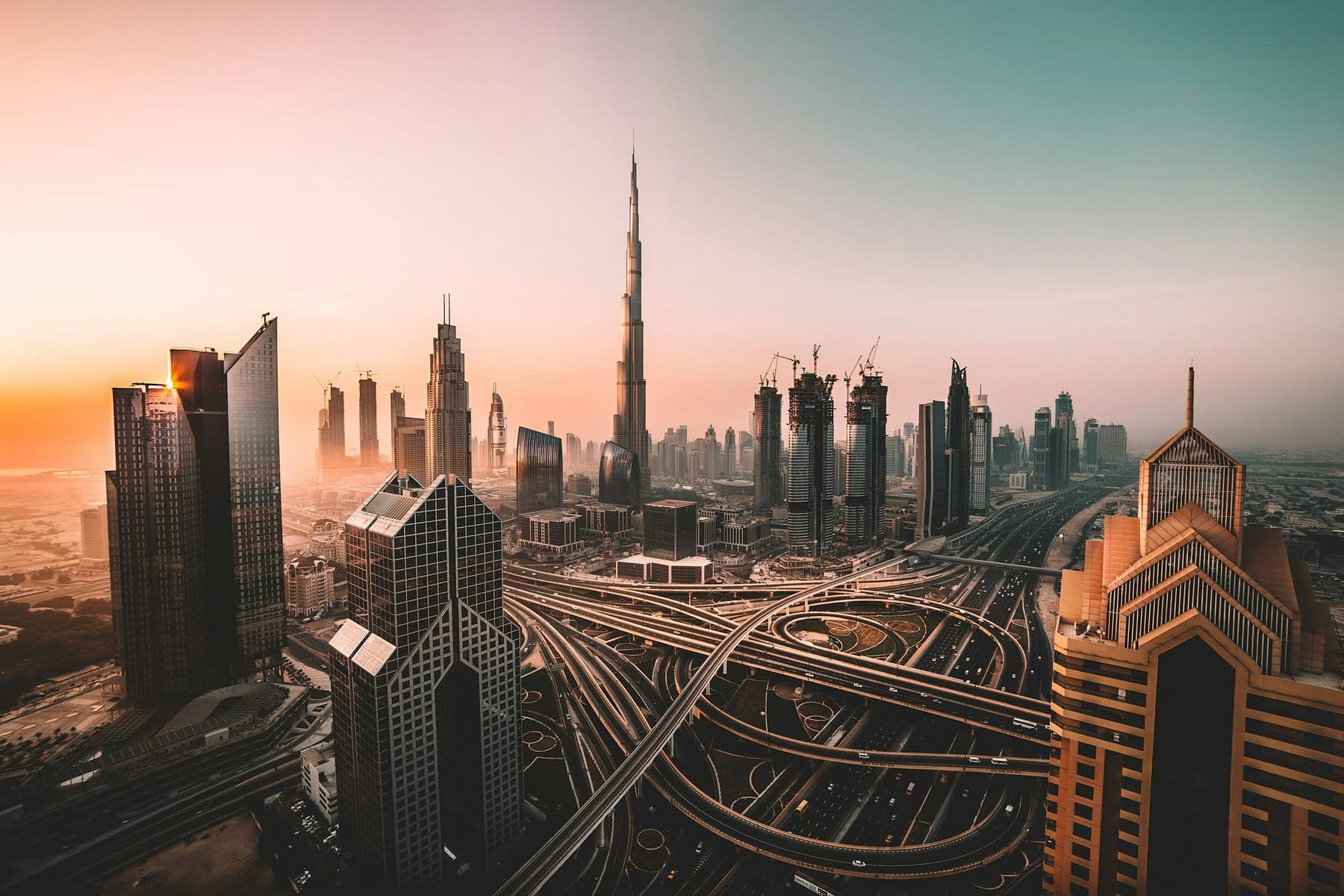Sunset aerial view of Sheikh Zayed Road and the Burj Khalifa in Dubai