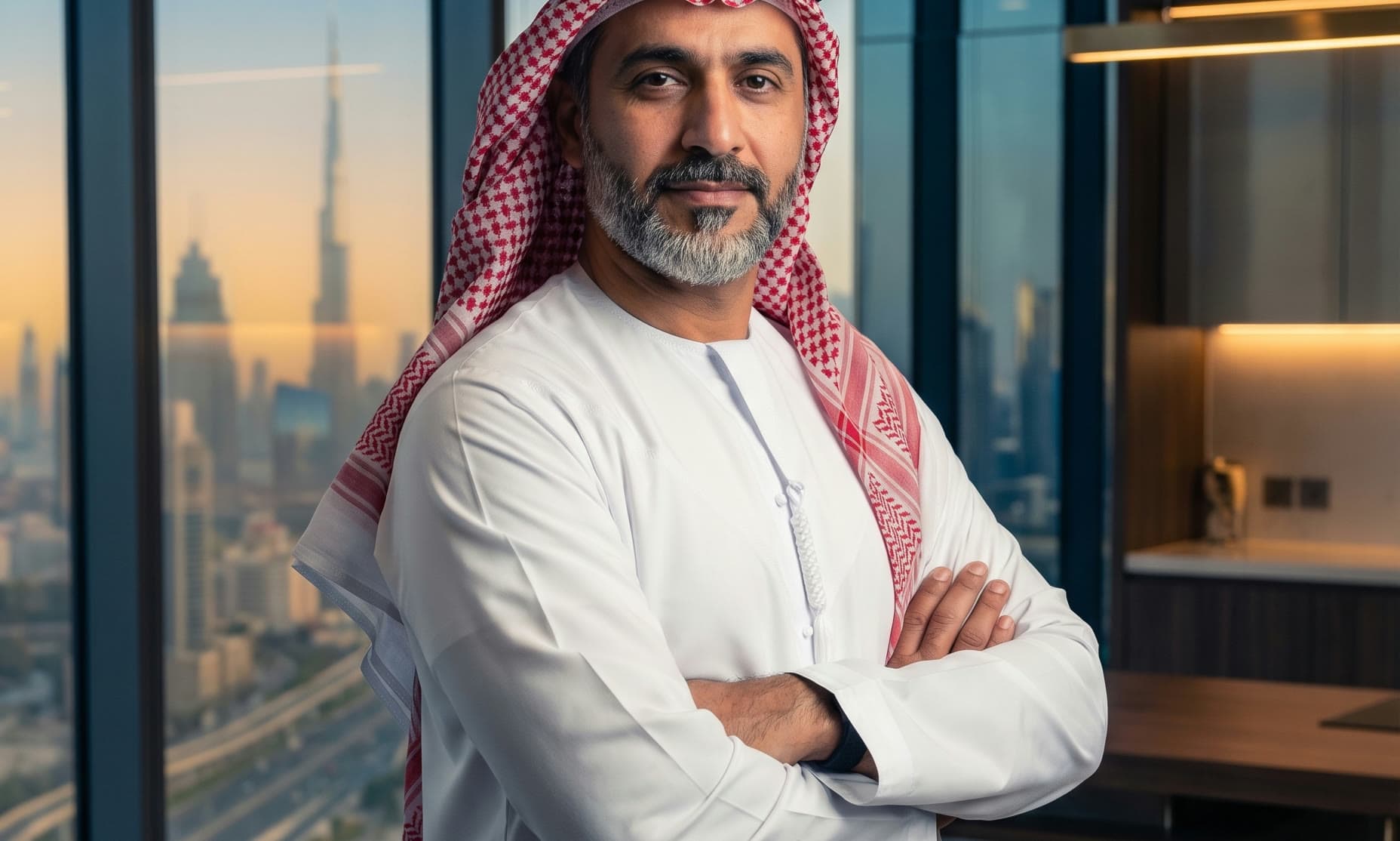 A businessman in a kandura in an office, the Burj Khalifa visible behind him.