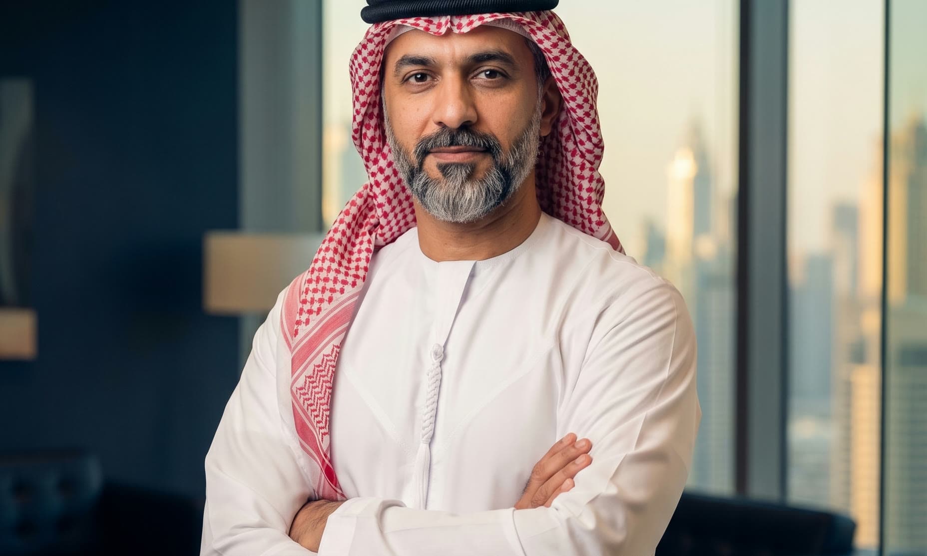A businessman in a kandura in a navy-walled meeting room overlooking the city.
